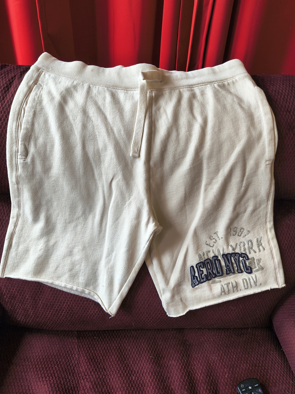 Aeropostale Cream Athletic Shorts with Navy Logo men's size large